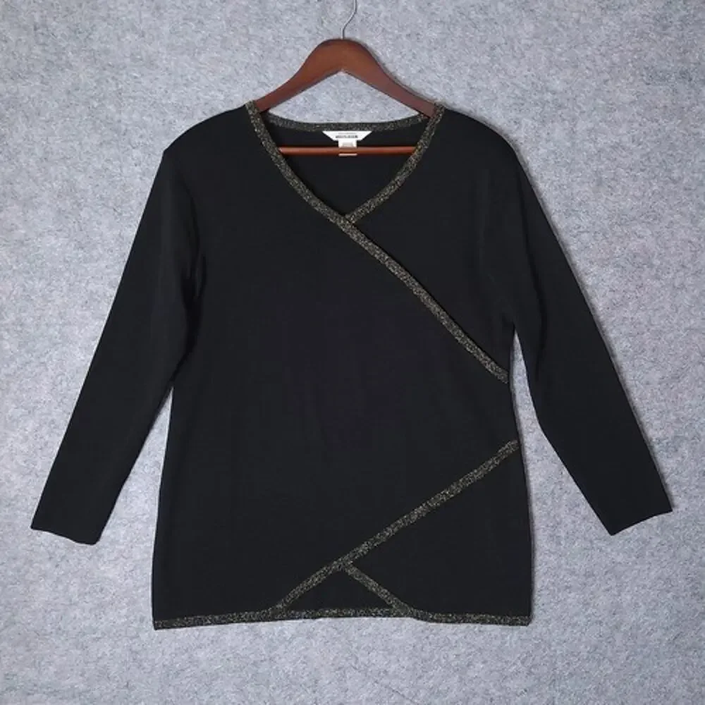 Misook Black Knit Tunic Top Womens Size Large V-Neck 3/4 Sleeve Gold Trim